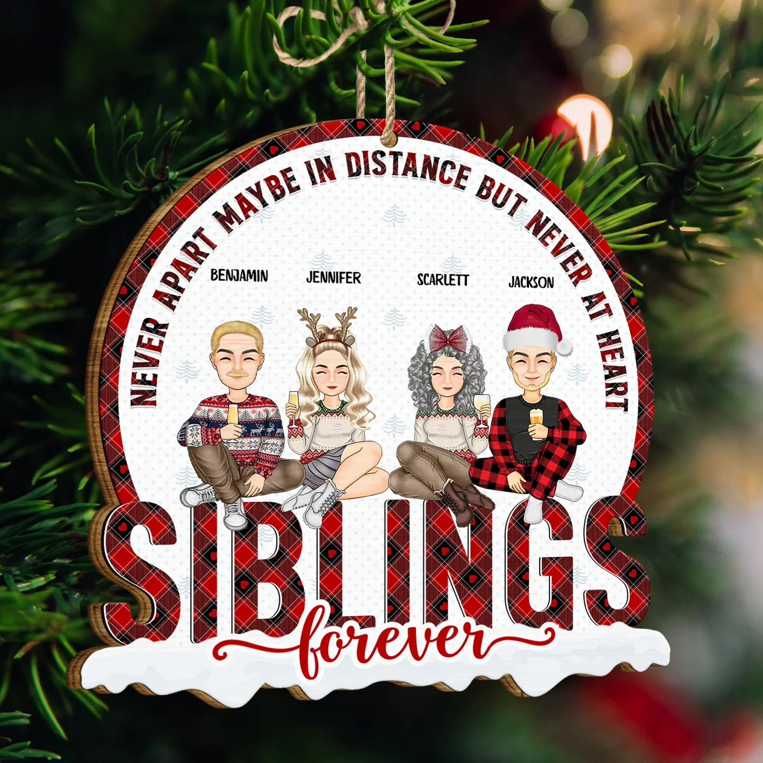 Christmas Siblings Never Apart - Gift For Sister, Siblings - Personalized Custom Shaped Wooden Ornament - Image 3