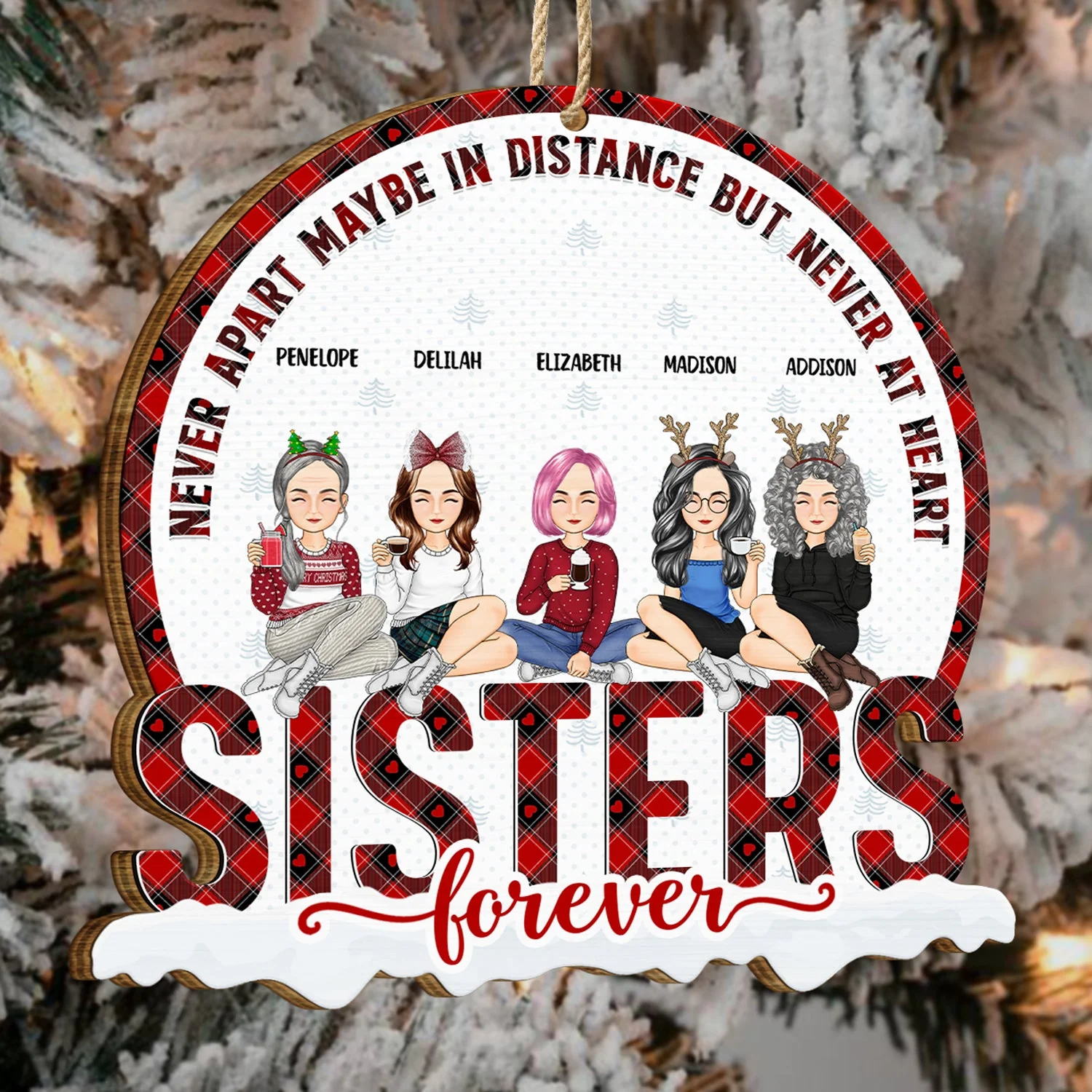 Christmas Siblings Never Apart - Gift For Sister, Siblings - Personalized Custom Shaped Wooden Ornament - Image 4
