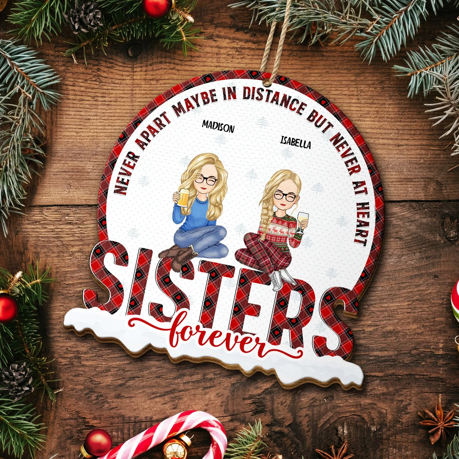 Christmas Siblings Never Apart - Gift For Sister, Siblings - Personalized Custom Shaped Wooden Ornament - Image 5