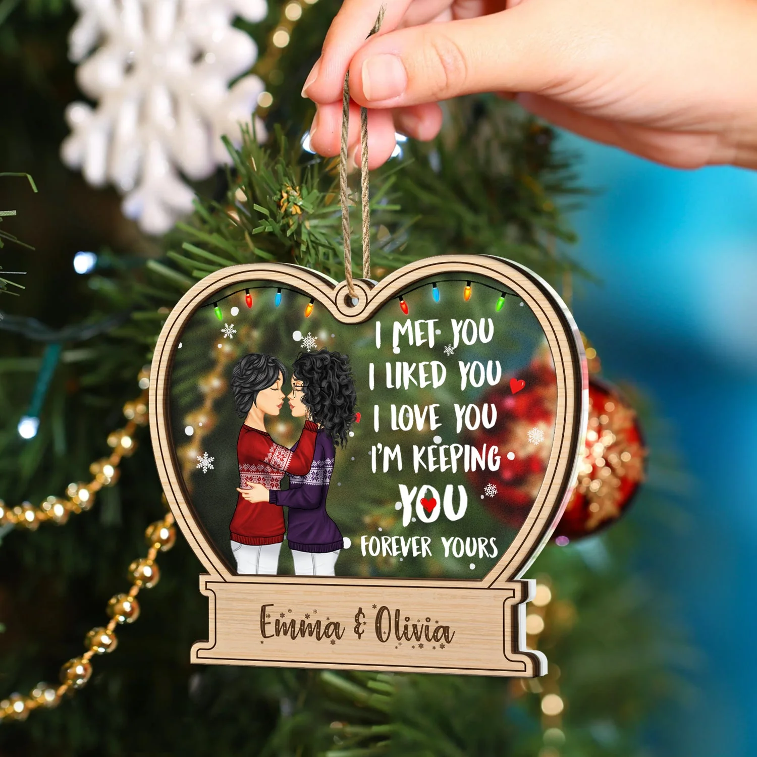 Christmas Side View Couple Forever Yours - Gift For Couples - Personalized 2-Layered Mix Ornament - Image 4