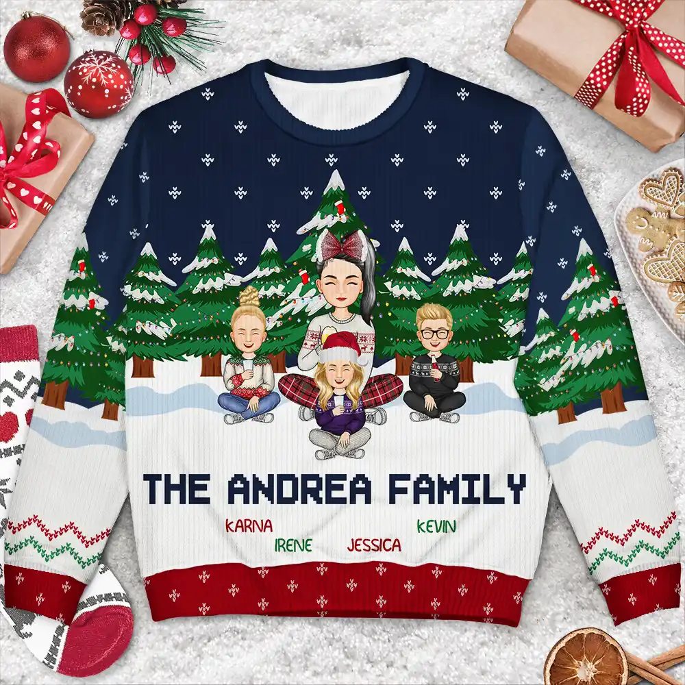 Christmas Single Parent Family In The Forest A Whole Lot Of Love - Personalized Unisex Ugly Sweater - Image 3
