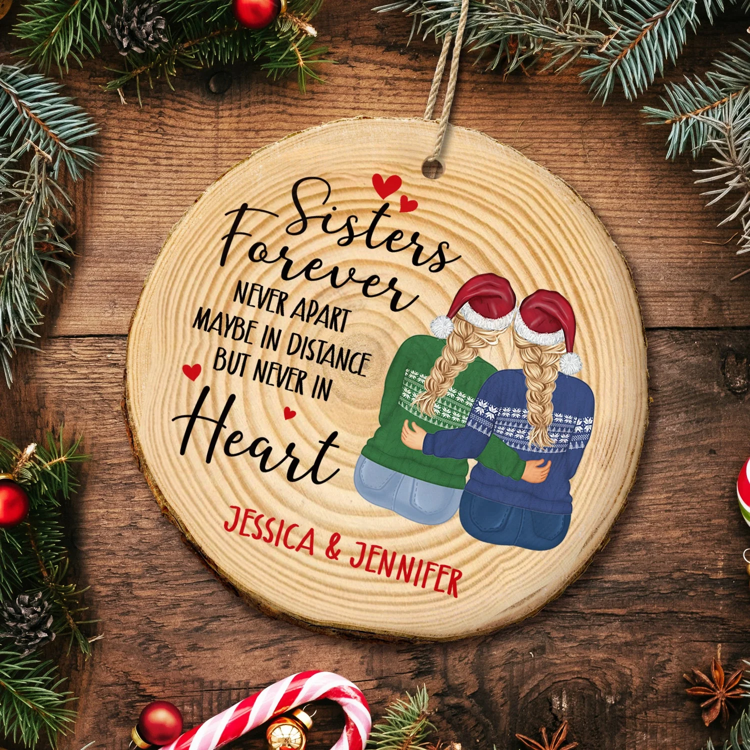Christmas Sister Bestie Never Apart Maybe In Distance - Gift For Sister, Bestie - Personalized Wood Slice Ornament - Image 5