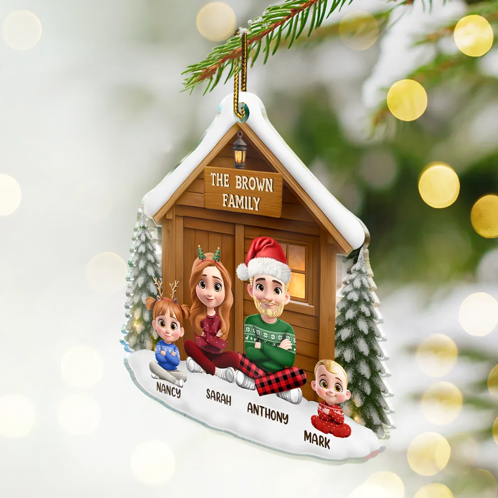 Christmas Sitting Family Parents Kids Pets - Personalized Custom Shaped Acrylic Ornament - Image 2