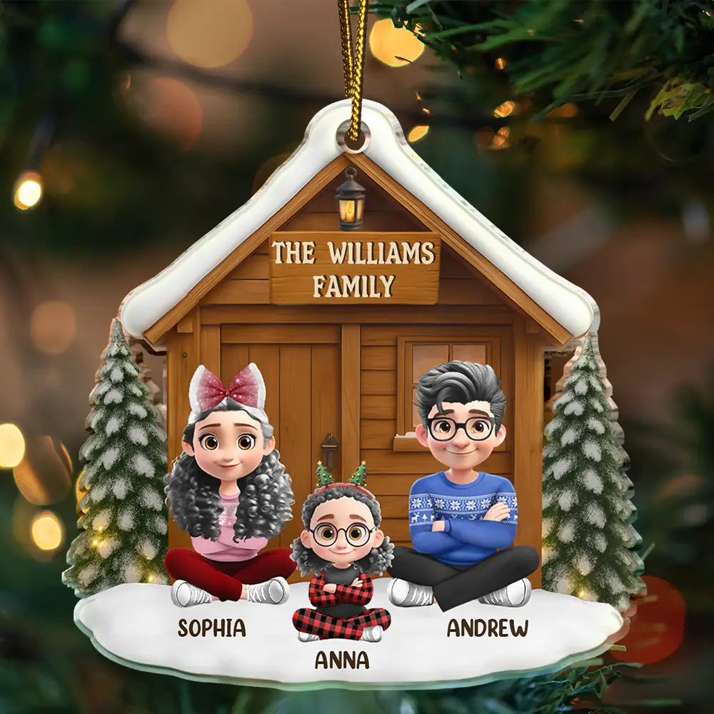 Christmas Sitting Family Parents Kids Pets - Personalized Custom Shaped Acrylic Ornament - Image 3