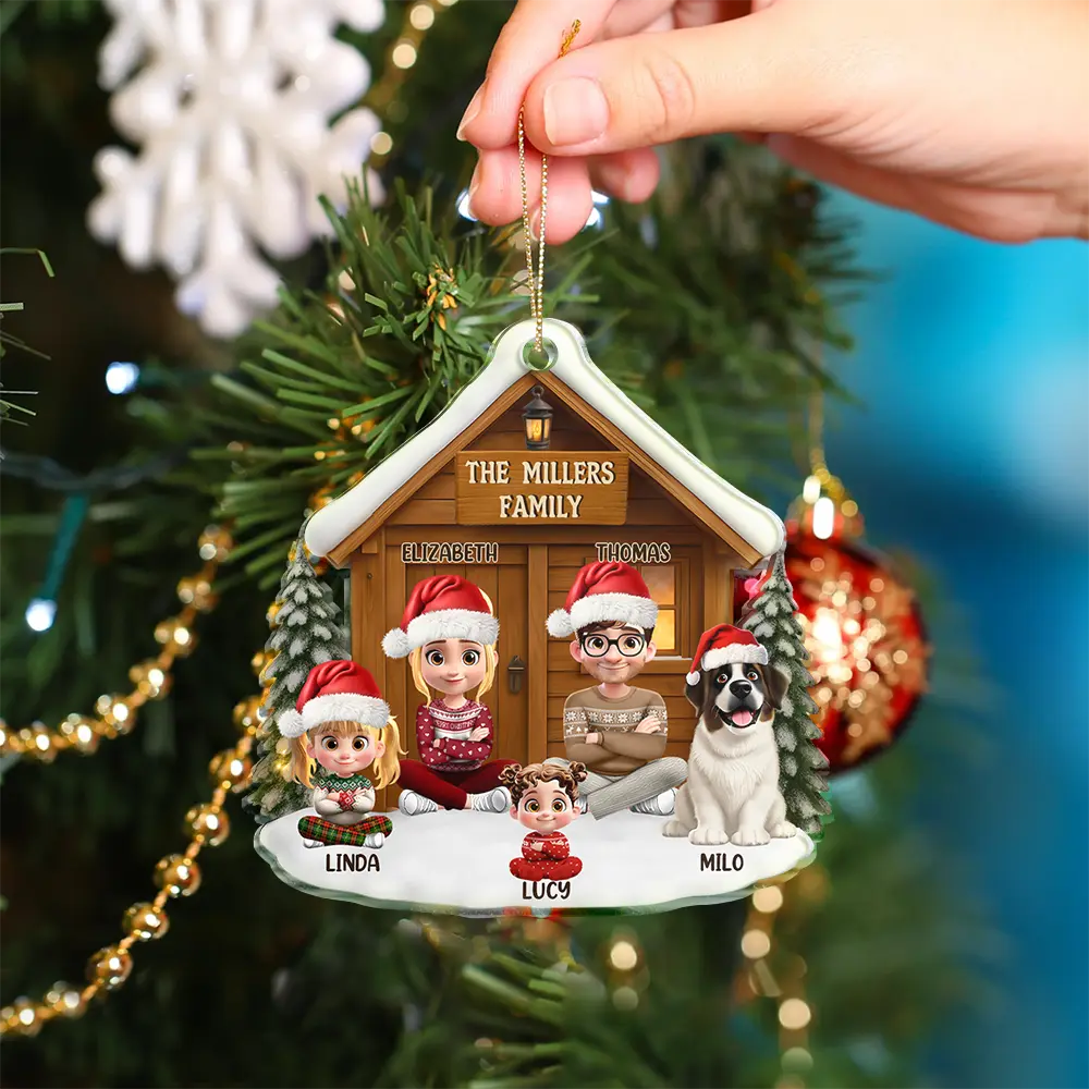 Christmas Sitting Family Parents Kids Pets - Personalized Custom Shaped Acrylic Ornament - Image 4