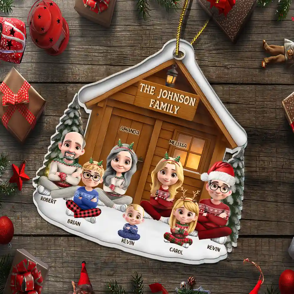 Christmas Sitting Family Parents Kids Pets - Personalized Custom Shaped Acrylic Ornament - Image 5
