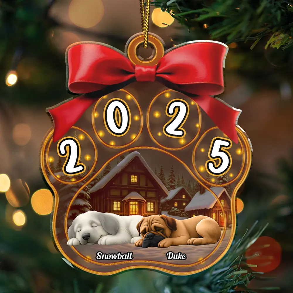 Christmas Sleeping Dogs Pawprint - Personalized Custom Shaped Acrylic Ornament - Image 3