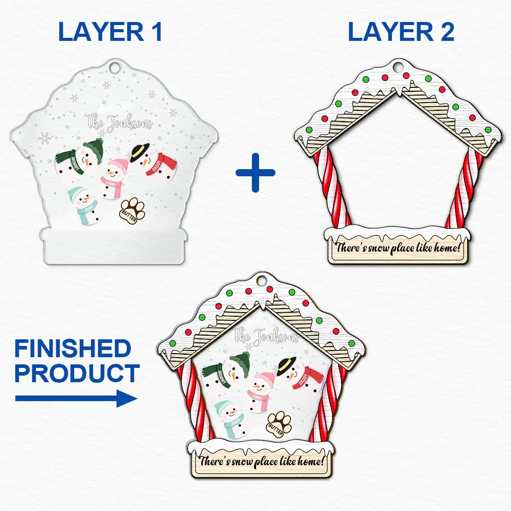 Christmas Snowman Family There's Snow Place Like Home - Personalized 2-Layered Mix Ornament - Image 6