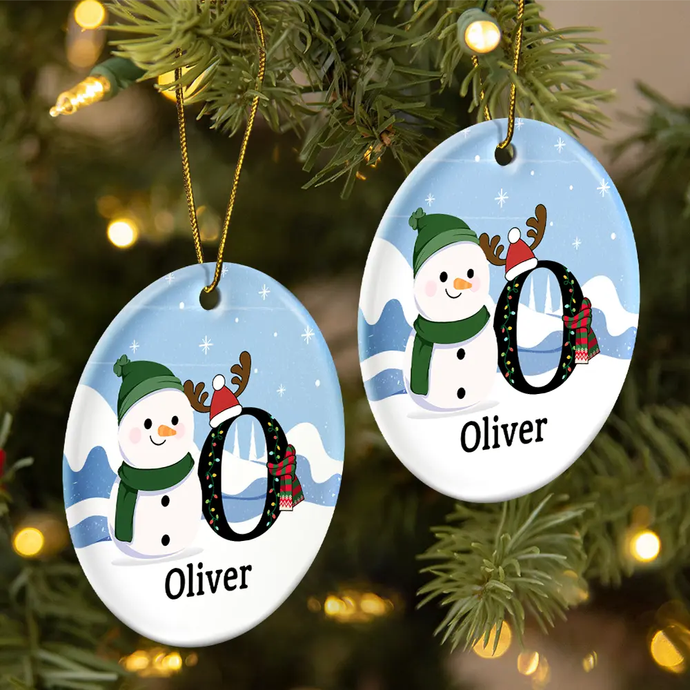 Christmas Snowman Monogram - Personalized Circle Ceramic Ornament - Image 2