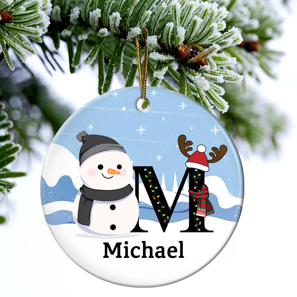 Christmas Snowman Monogram - Personalized Circle Ceramic Ornament - Image 4