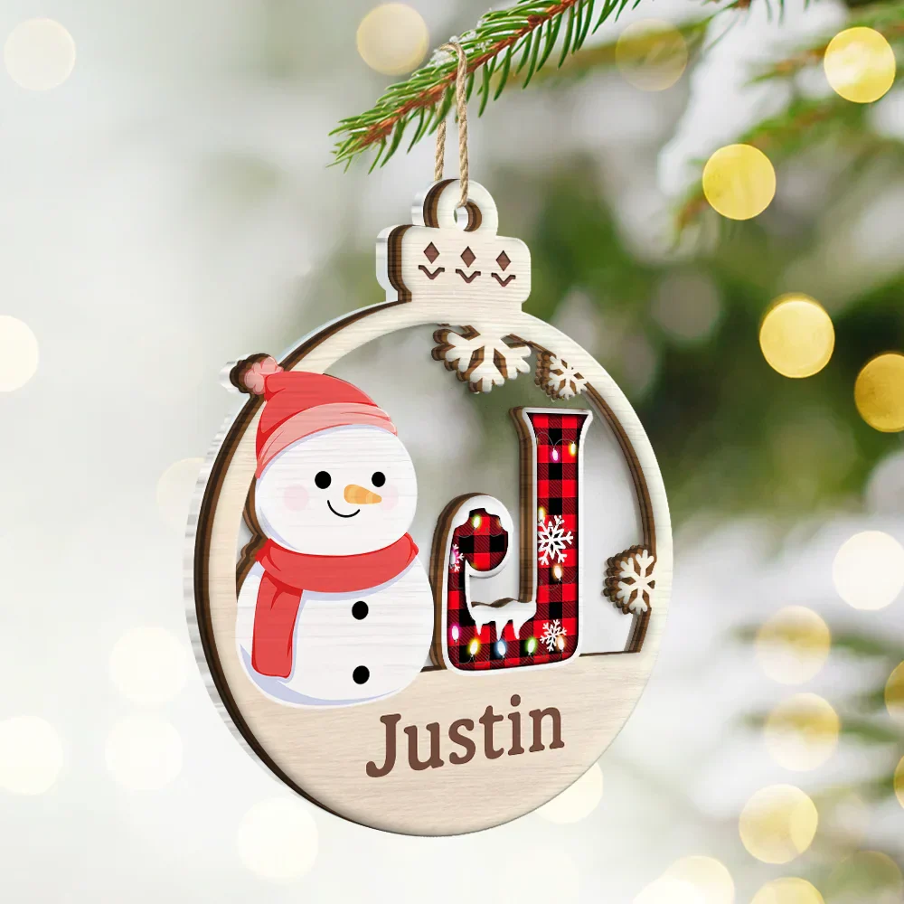 Christmas Snowman Plaid Monogram - Personalized 2-Layered Mix Ornament - Image 2