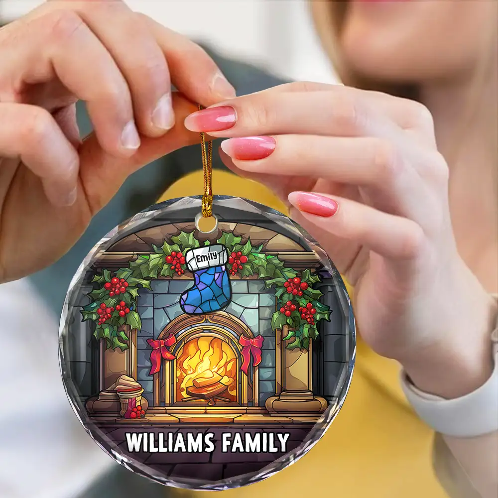 Christmas Stocking On Fireplace Family - Personalized Circle Glass Ornament - Image 4
