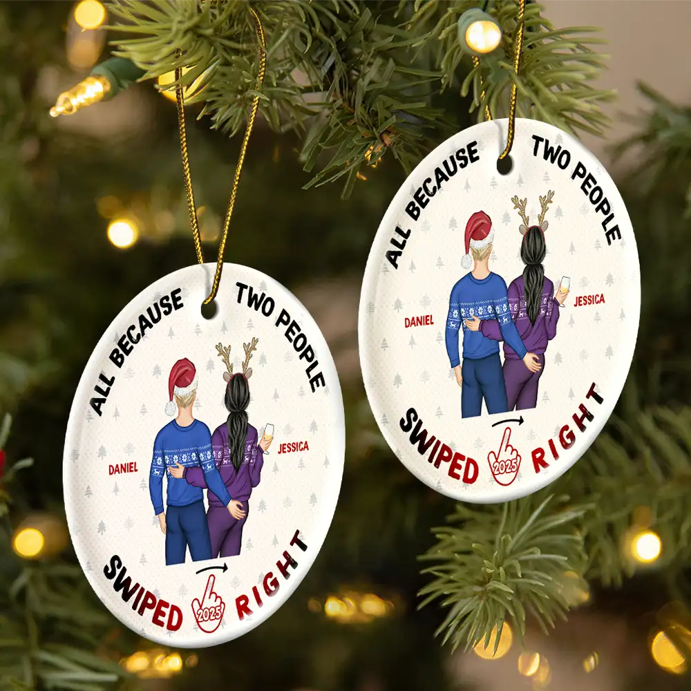 Christmas Couple Swiped Right - Personalized Circle Ceramic Ornament - Image 2