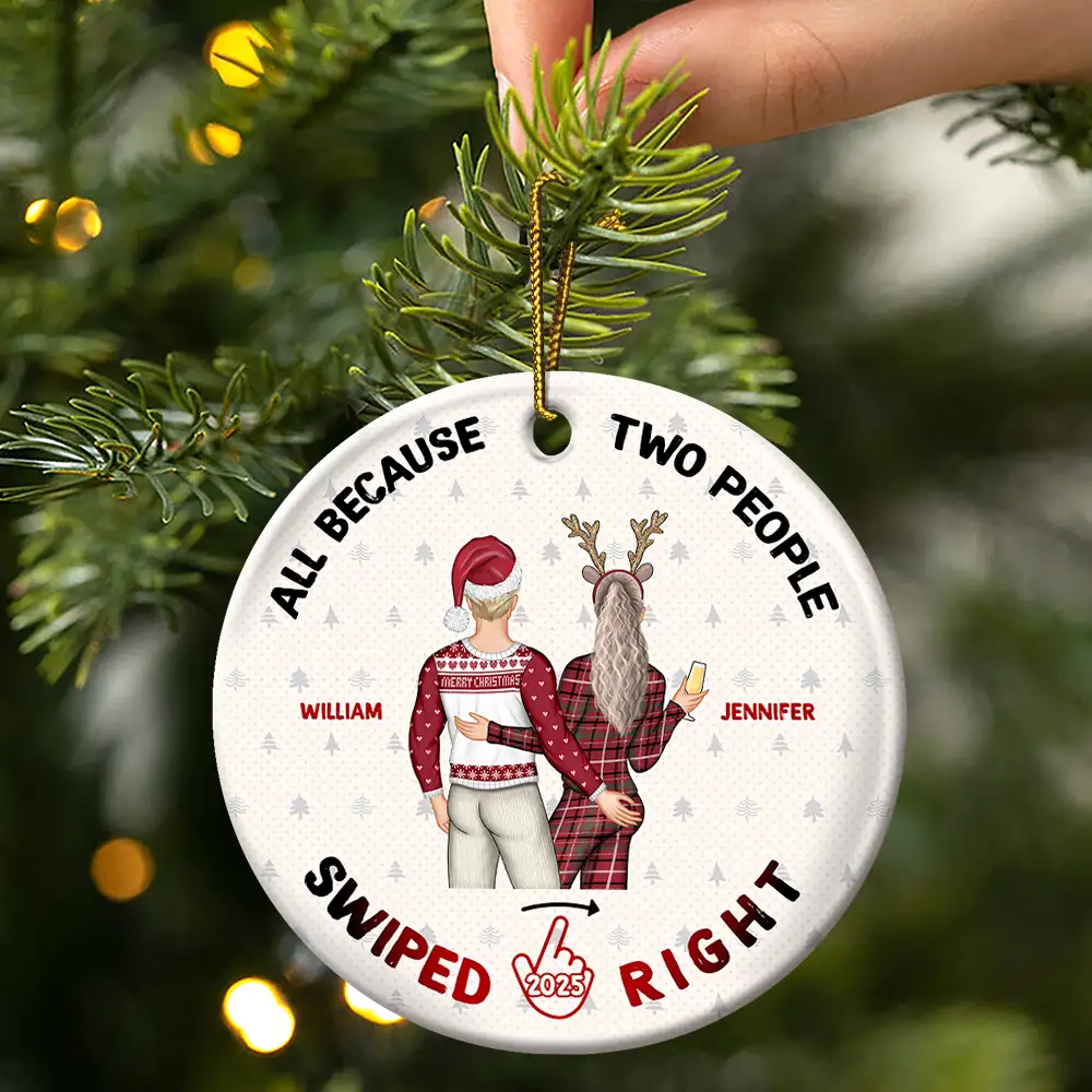 Christmas Couple Swiped Right - Personalized Circle Ceramic Ornament - Image 3