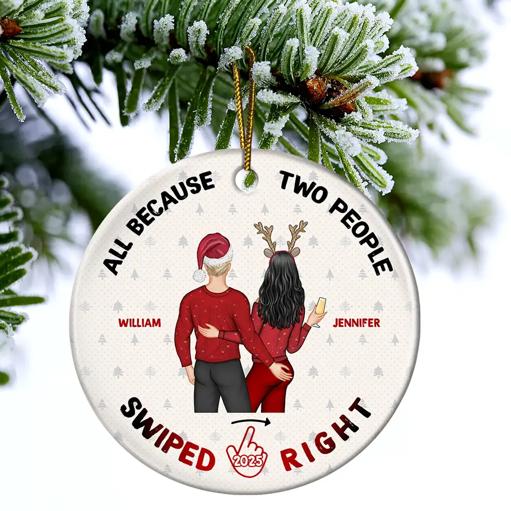 Christmas Couple Swiped Right - Personalized Circle Ceramic Ornament - Image 4