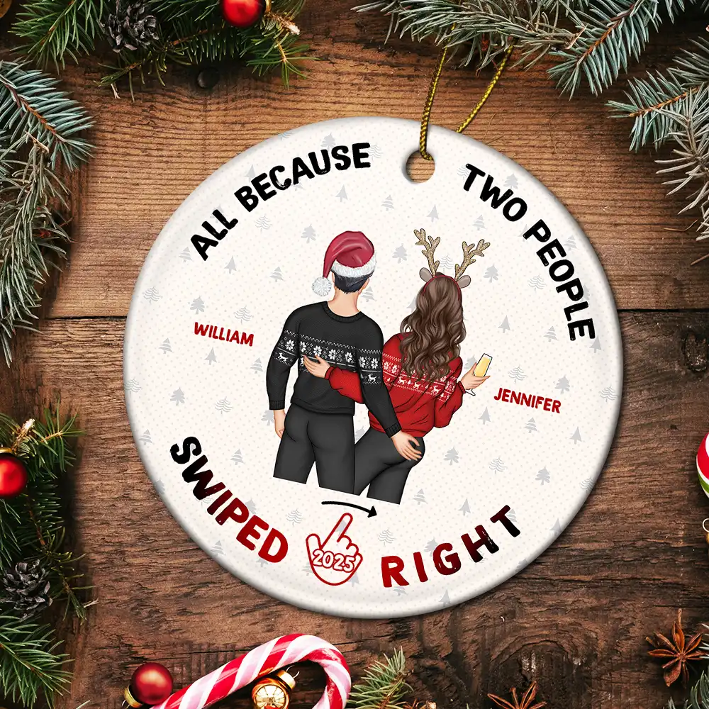 Christmas Couple Swiped Right - Personalized Circle Ceramic Ornament - Image 5