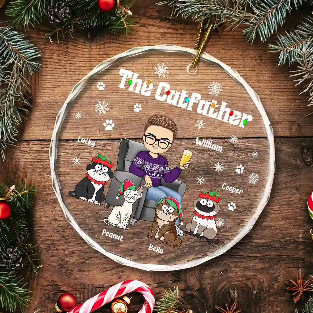 Christmas The Cat Father - Personalized Circle Glass Ornament - Image 5