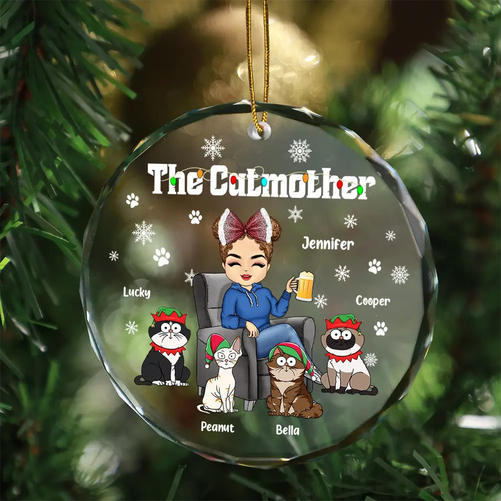 Christmas The Cat Mother - Personalized Circle Glass Ornament - Image 3
