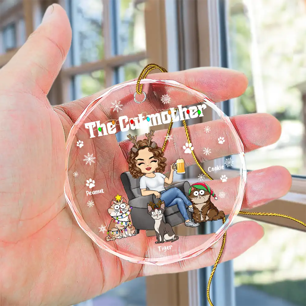 Christmas The Cat Mother - Personalized Circle Glass Ornament - Image 4