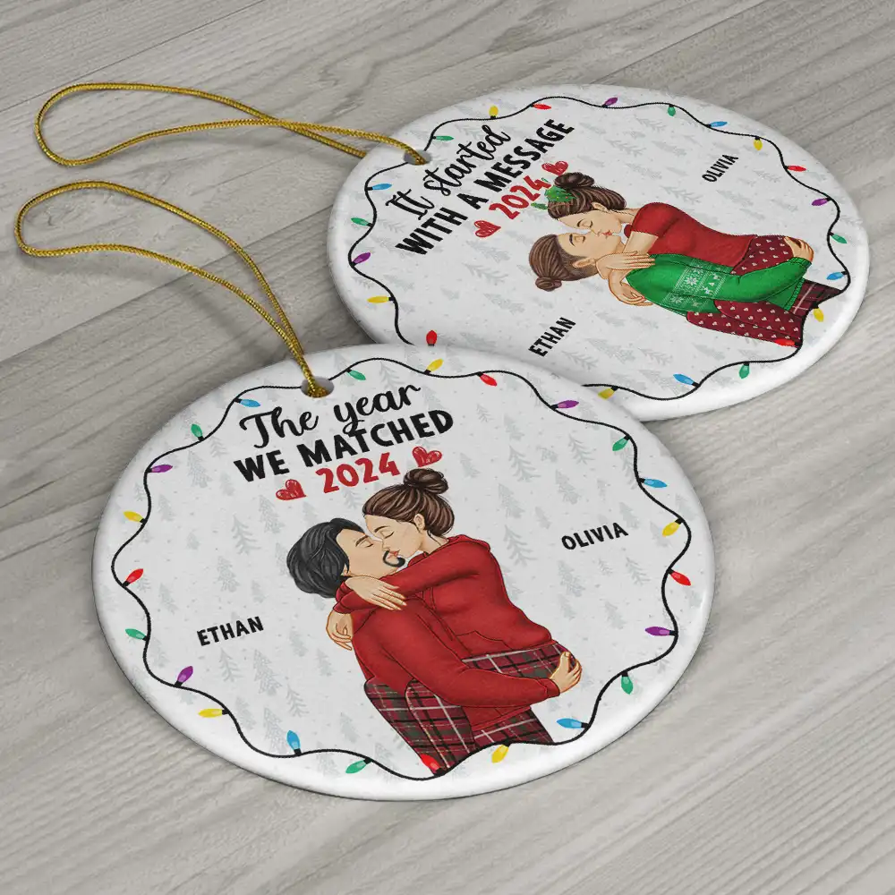 Christmas The Year We Swiped Right - Personalized Circle Ceramic Ornament - Image 6