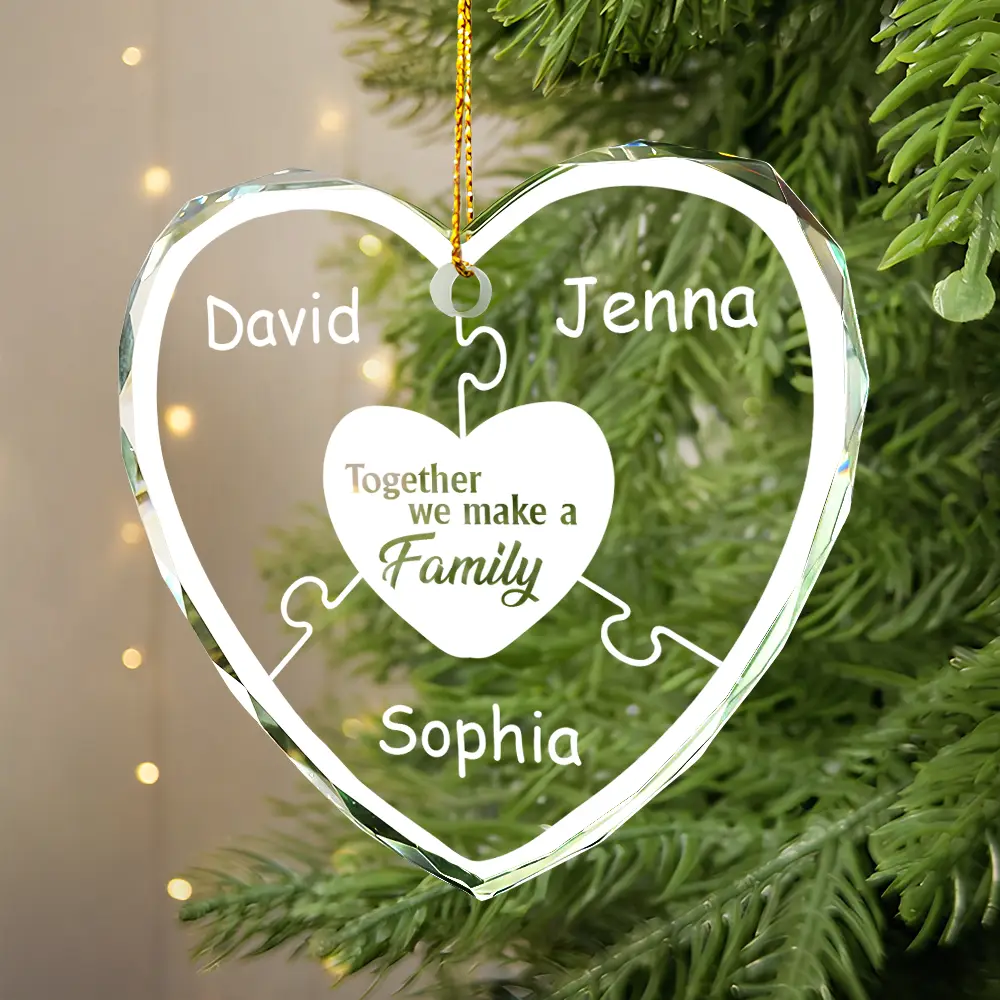 Christmas Together We Make A Family - Personalized Heart Shaped Glass Ornament - Image 2