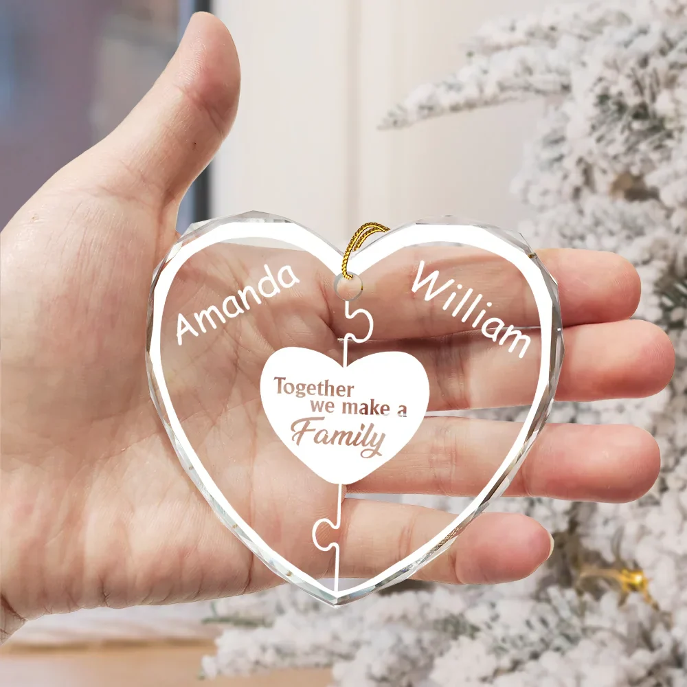 Christmas Together We Make A Family - Personalized Heart Shaped Glass Ornament - Image 3