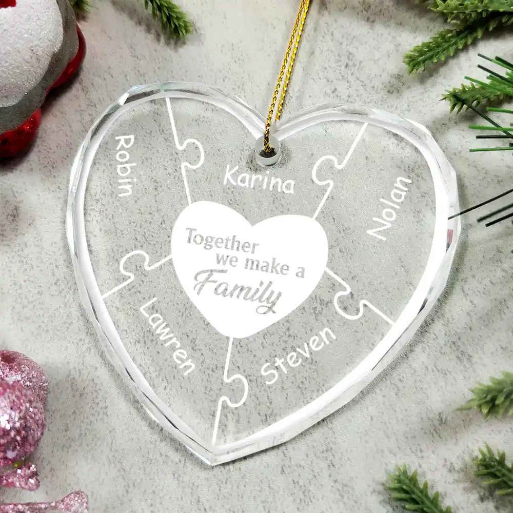 Christmas Together We Make A Family - Personalized Heart Shaped Glass Ornament - Image 4