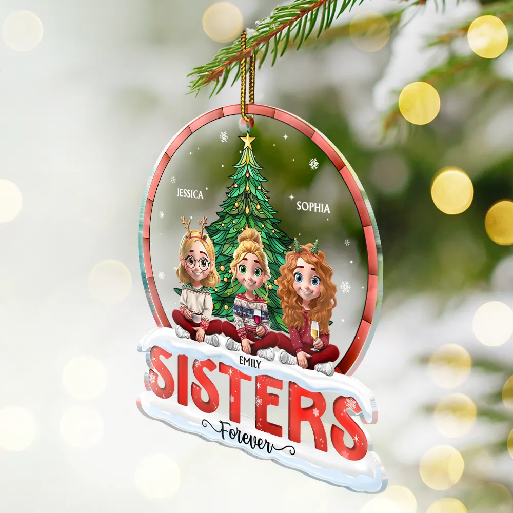 Christmas Tree Besties Sisters Forever - Personalized Custom Shaped Acrylic Ornament - Image 2