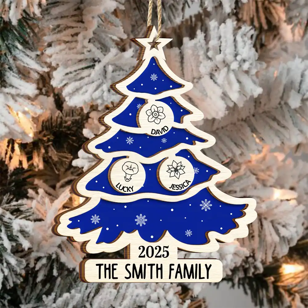 Christmas Tree Birth Flower Family - Personalized 2-Layered Wooden Ornament - Image 3