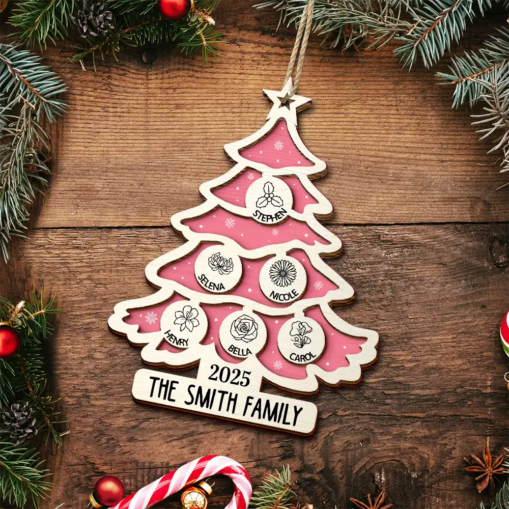 Christmas Tree Birth Flower Family - Personalized 2-Layered Wooden Ornament - Image 4