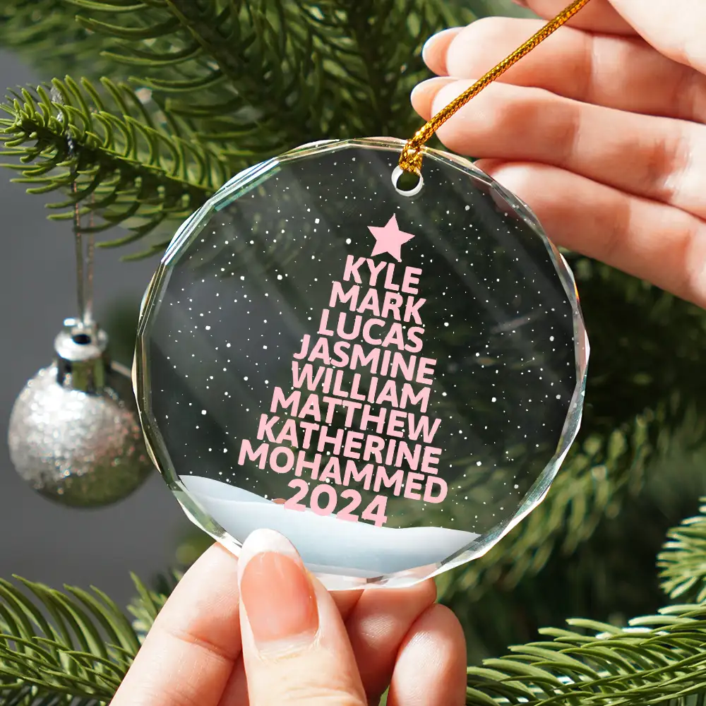Christmas Tree Family Bestie Coworker Custom Name - Personalized Circle Glass Ornament - Image 2