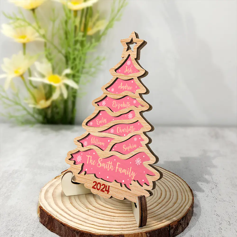 Christmas Tree Family Bestie Custom Names Version 3 - Personalized 2-Layered Wooden Plaque With Stand - Image 2