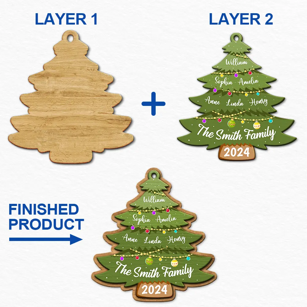 Christmas Tree Family - Personalized 2-Layered Wooden Ornament - Image 6