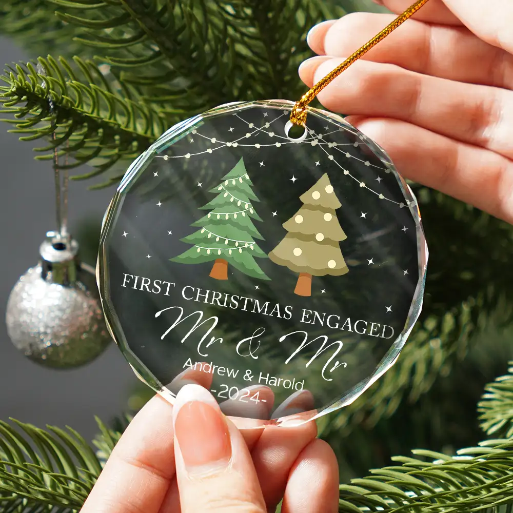 Christmas Tree First Christmas Married - Personalized Circle Glass Ornament - Image 2