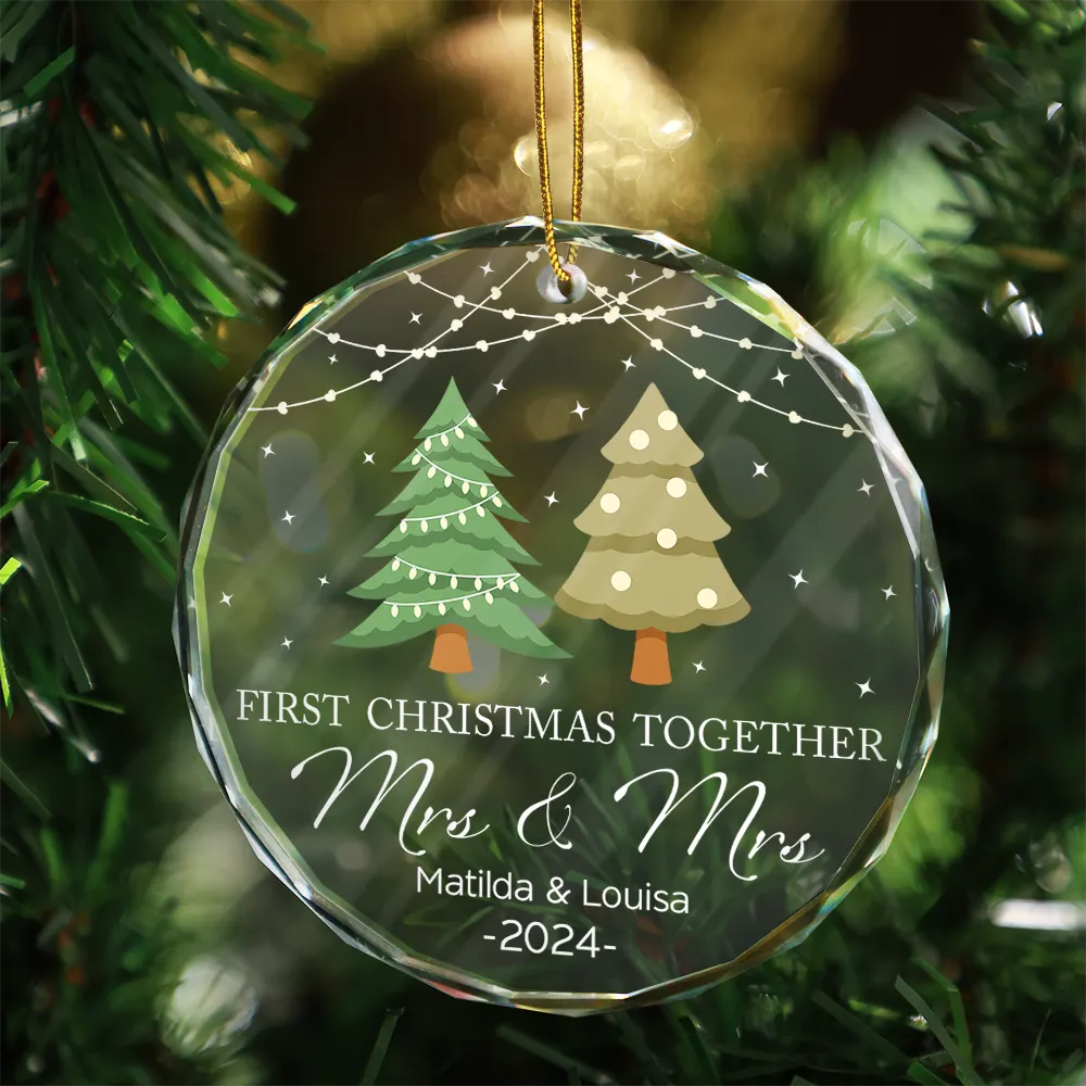 Christmas Tree First Christmas Married - Personalized Circle Glass Ornament - Image 3