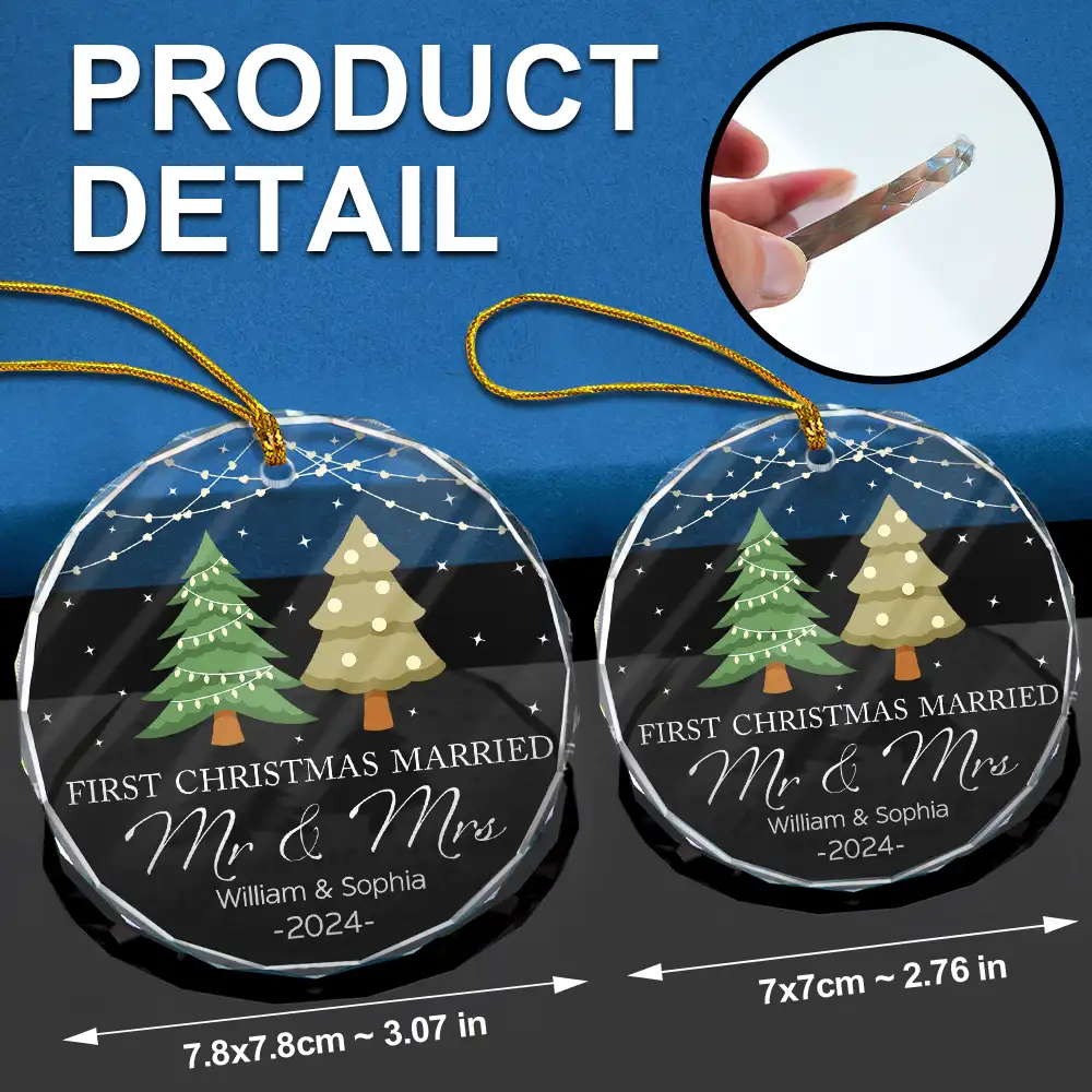 Christmas Tree First Christmas Married - Personalized Circle Glass Ornament - Image 6