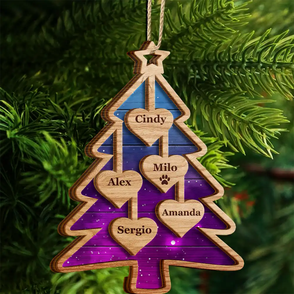 Christmas Tree Hearts With Names - Personalized 2-Layered Wooden Ornament - Image 4