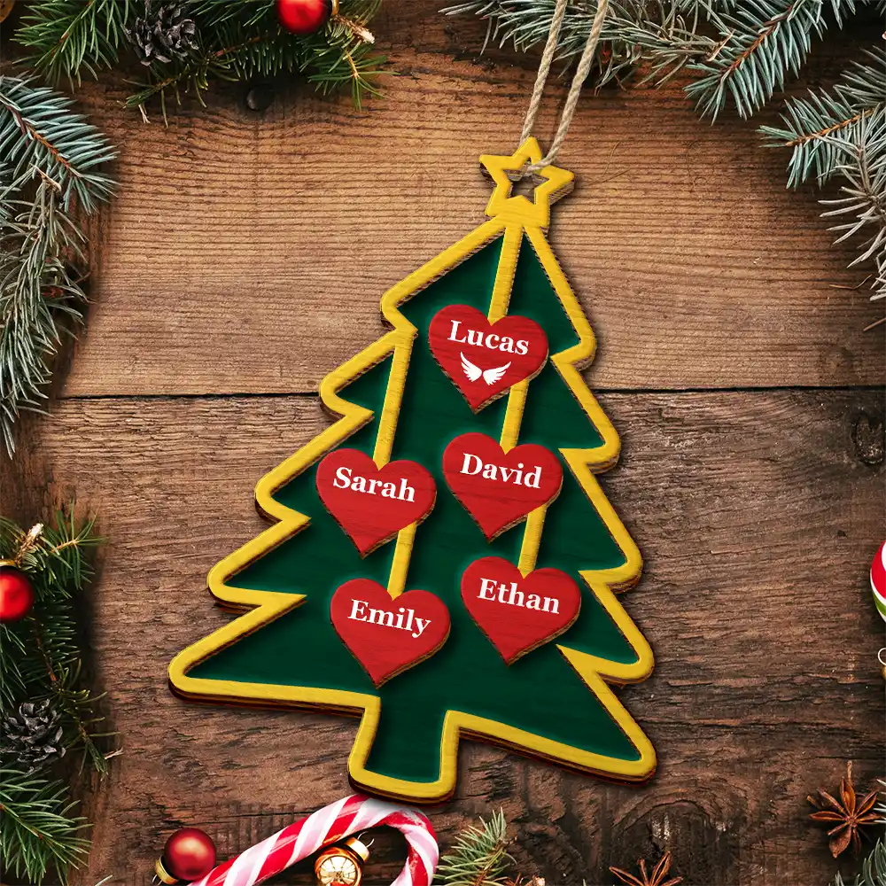 Christmas Tree Hearts With Names - Personalized 2-Layered Wooden Ornament - Image 5