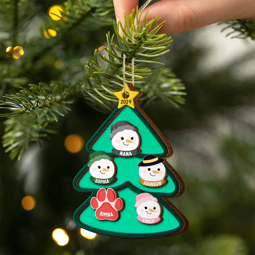 Christmas Tree Snowman Family - Personalized 2-Layered Wooden Ornament - Image 2