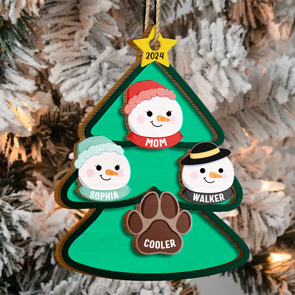 Christmas Tree Snowman Family - Personalized 2-Layered Wooden Ornament - Image 3
