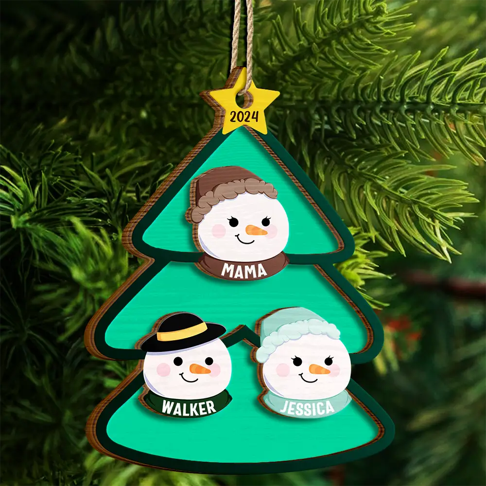Christmas Tree Snowman Family - Personalized 2-Layered Wooden Ornament - Image 4