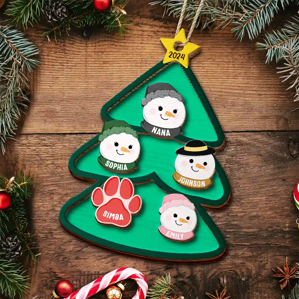 Christmas Tree Snowman Family - Personalized 2-Layered Wooden Ornament - Image 5