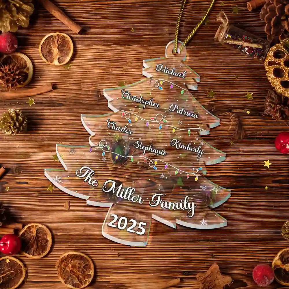 Christmas Tree With Family Names And Led Lights - Personalized Holographic Acrylic Ornament - Image 5