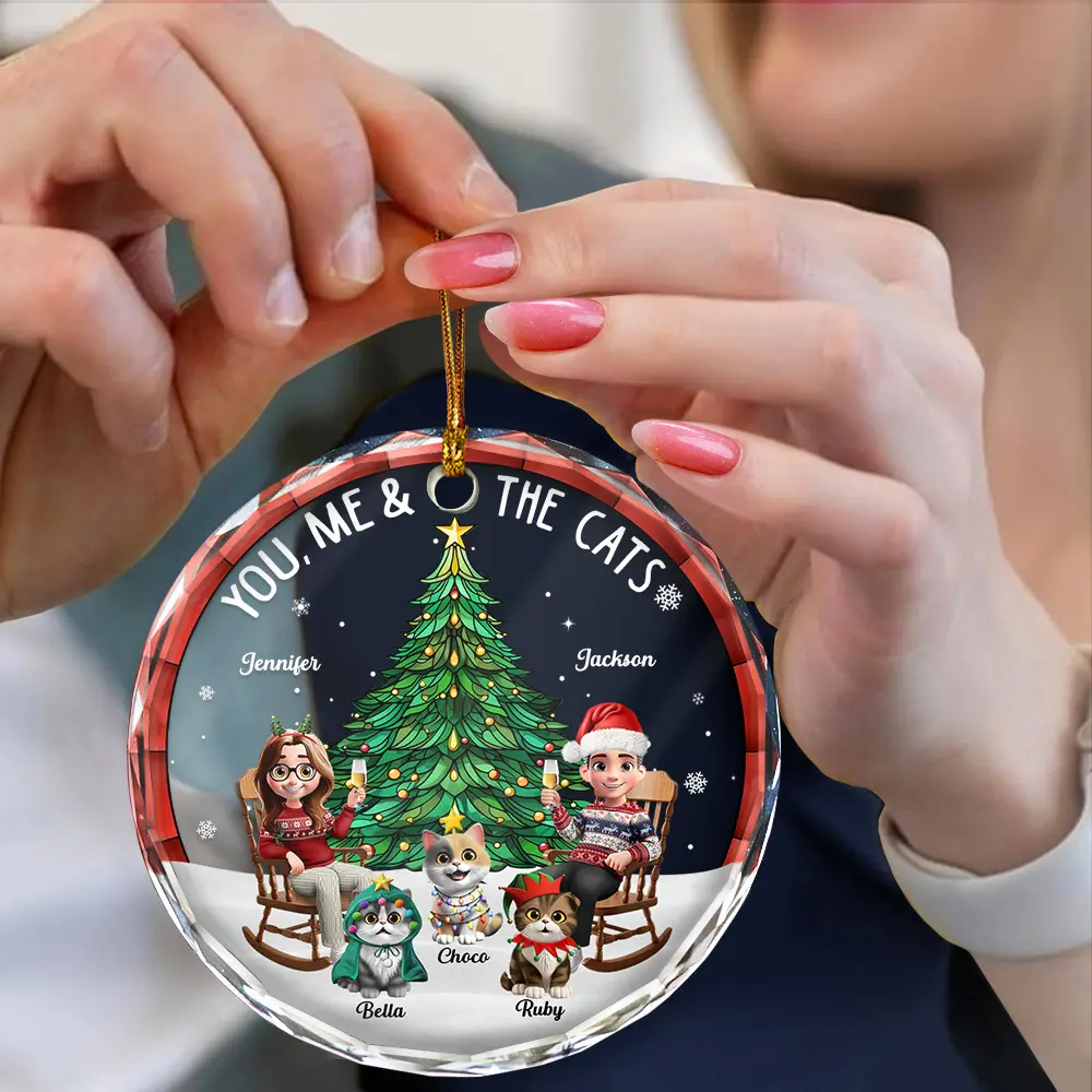 Christmas Tree You Me And The Cat - Personalized Circle Glass Ornament - Image 4