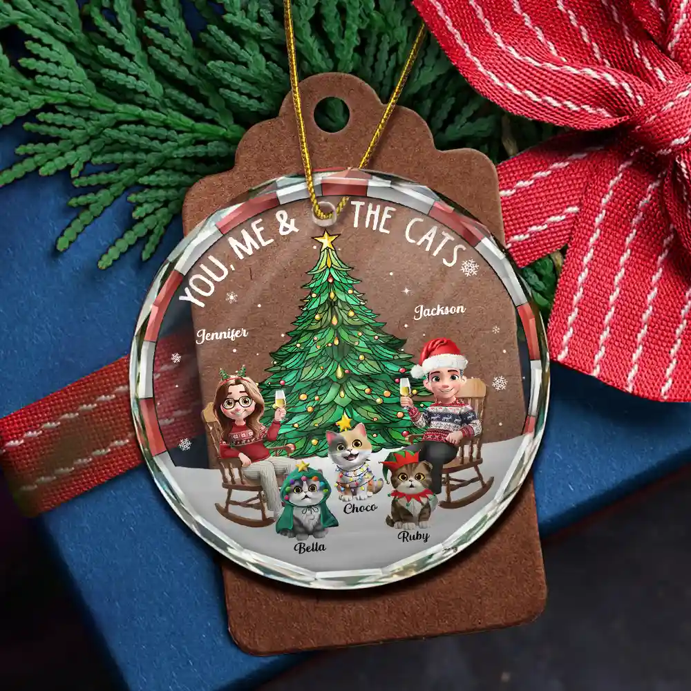 Christmas Tree You Me And The Cat - Personalized Circle Glass Ornament - Image 5