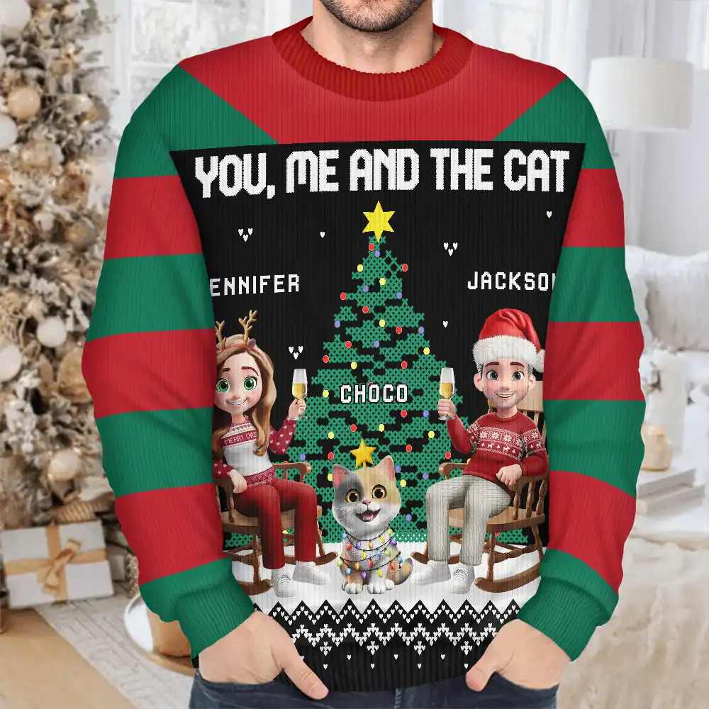Christmas Tree You Me And The Dog Cat - Personalized Unisex Ugly Sweater - Image 4