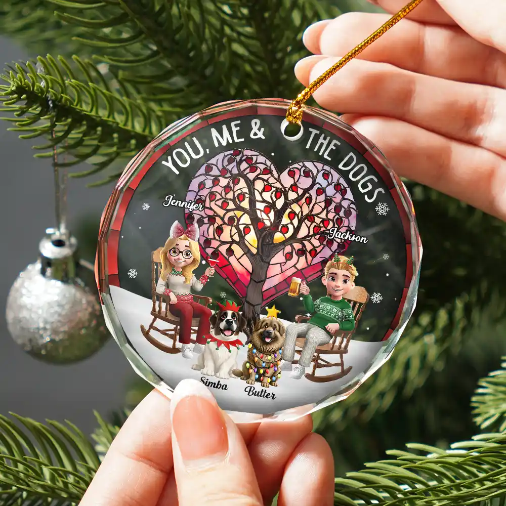 Christmas Tree You Me And The Dog - Personalized Circle Glass Ornament - Image 2