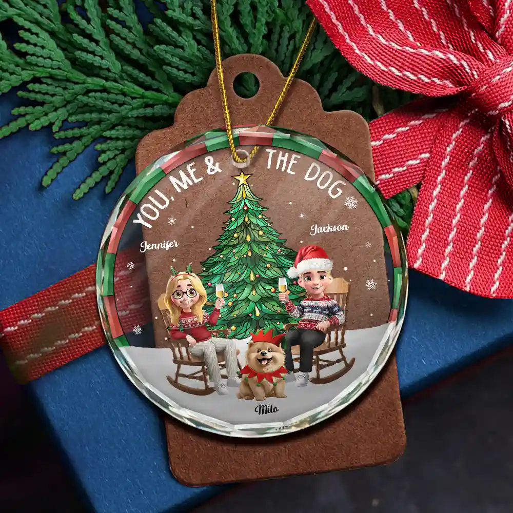 Christmas Tree You Me And The Dog - Personalized Circle Glass Ornament - Image 5