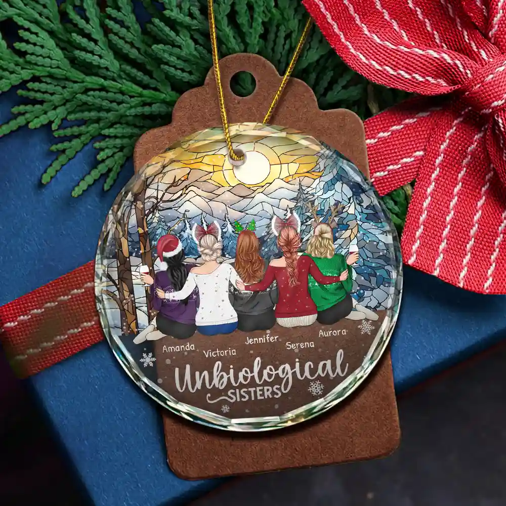 Christmas Unbiological Sister Stained Glass - Personalized Circle Glass Ornament - Image 5