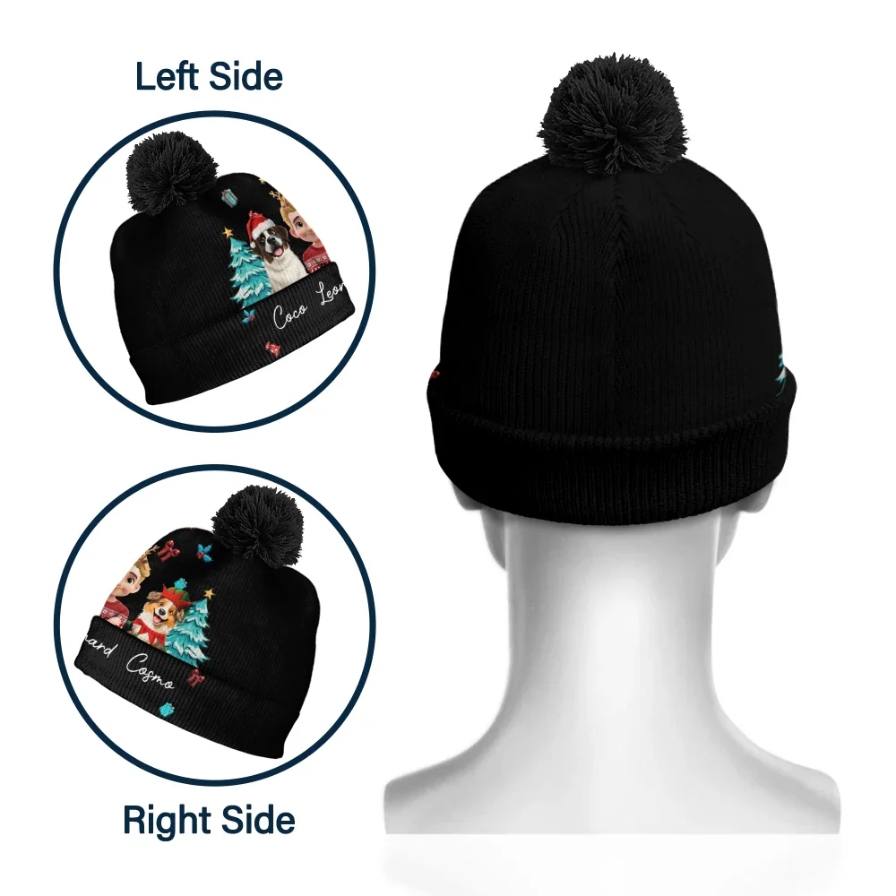 Christmas Woman Man And Dogs 3D Effect - Personalized Bobble Beanie Hat - Image 3